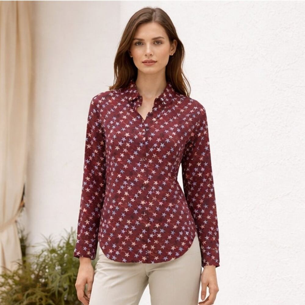 Sandro Paris Silk Button up Blouse Burgundy with stars print Size Small